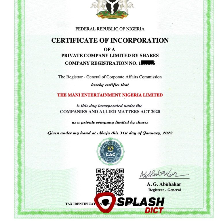 CERTIFICATE - THE MANI ENTERTAINMENT NIGERIA LIMITED